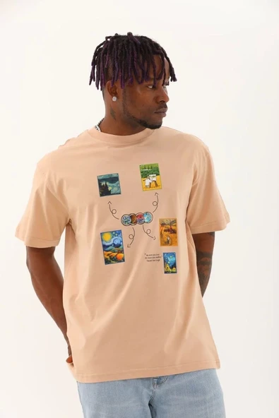 Unisex Oversize Baskılı Bisiklet Yaka T-Shirt - Bej - Resim 3