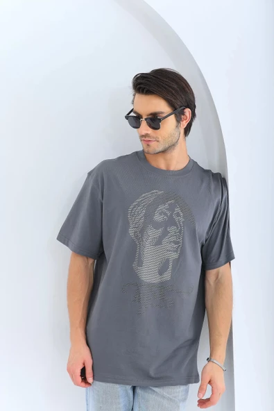 Unisex Oversize Taşlı Bisiklet Yaka T-Shirt - Füme - 8