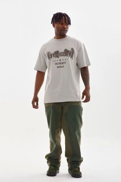Unisex Baskılı Oversize T-Shirt - Gri - 4