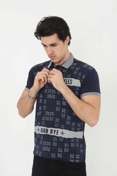 Erkek Yakalı Slim Fit Baskılı T-Shirt - Lacivert ürün görseli