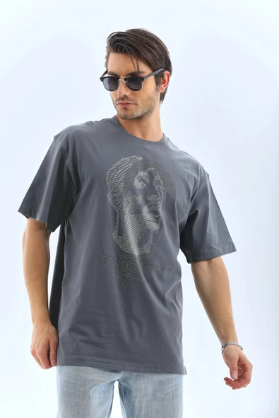 Unisex Oversize Taşlı Bisiklet Yaka T-Shirt - Füme - 6