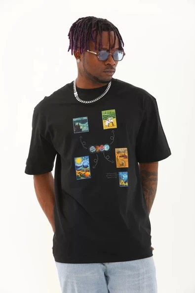 Unisex Oversize Baskılı Bisiklet Yaka T-Shirt - Siyah - Resim 3