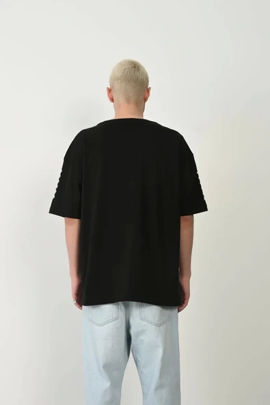 Unisex Baskılı Bisiklet Yaka Oversize T-Shirt - Siyah - Resim 2