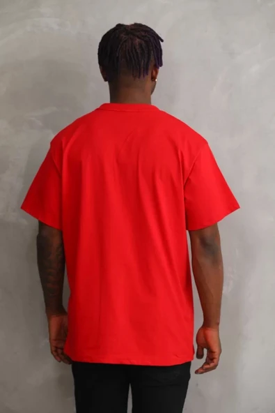 Unisex Baskılı Oversize T-Shirt - Kırmızı - Resim 2