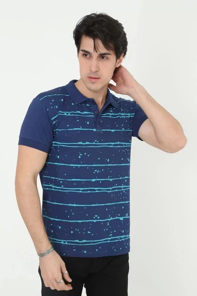 Erkek Yakalı Slim Fit Pike Çizgili T-Shirt - Mavi - 1