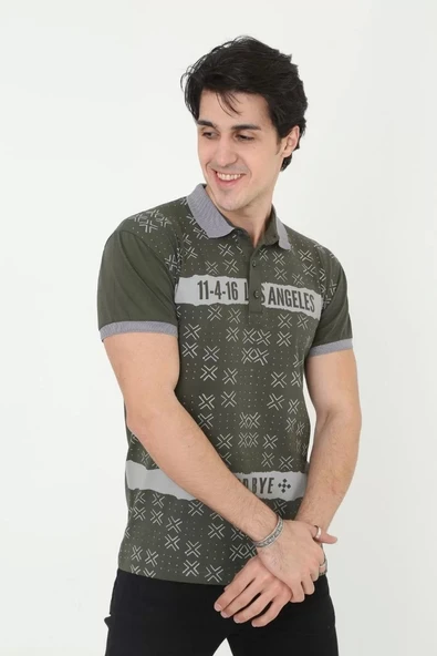 Erkek Yakalı Slim Fit Baskılı T-Shirt - Haki - Resim 4