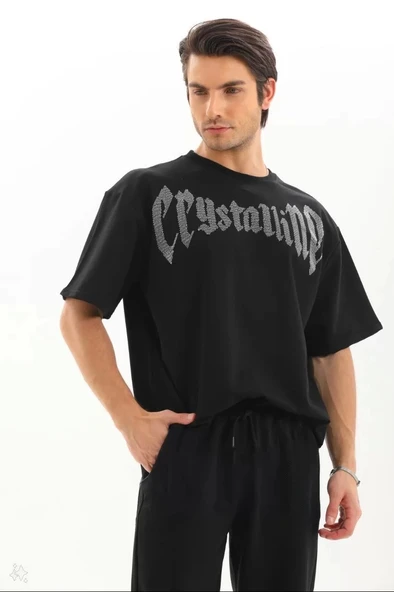 Unisex Oversize Taşlı T-Shirt - Siyah ürün görseli
