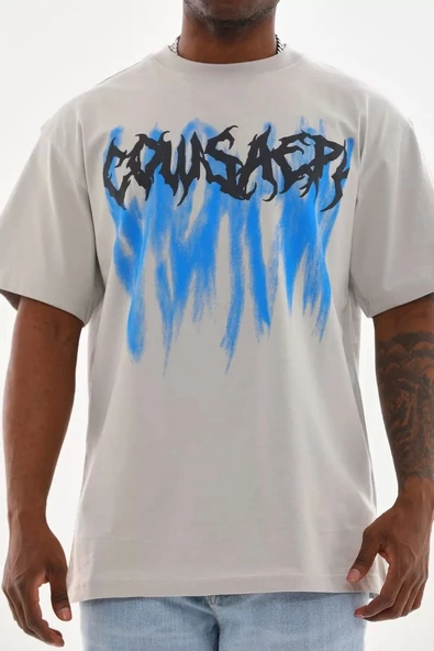 Unisex Baskılı Oversize T-Shirt - Gri ürün görseli