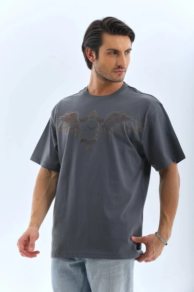 Unisex Oversize Taşlı Bisiklet Yaka T-Shirt - Füme - Resim 7