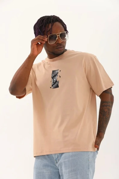 Unisex Oversize Baskılı Bisiklet Yaka T-Shirt - Bej ürün görseli