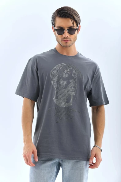 Unisex Oversize Taşlı Bisiklet Yaka T-Shirt - Füme - 7