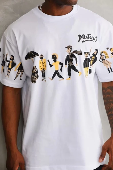 Unisex Bisiklet Yaka Baskılı Oversize T-Shirt - Beyaz - Resim 2