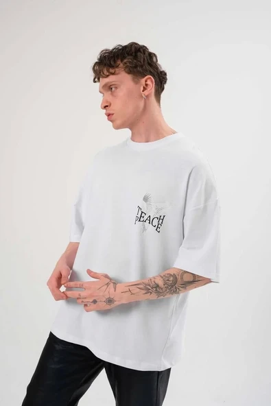 Unisex Bisiklet Yaka Baskılı Oversize T-Shirt - Beyaz - Resim 2