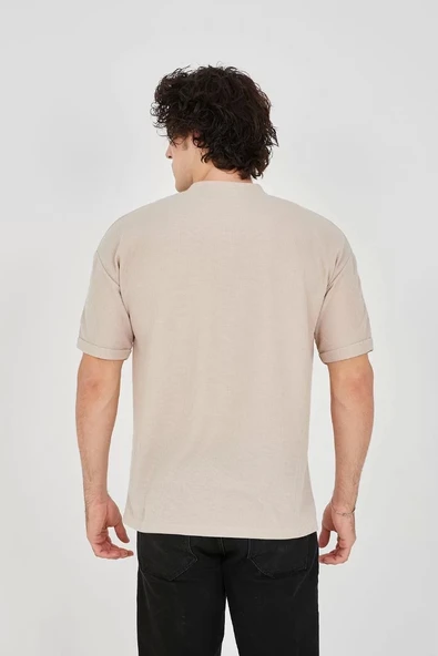 Unisex Waffle Kumaş Rahat Kol T-Shirt - Bej - Resim 4