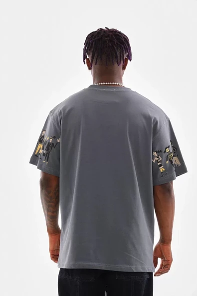 Unisex Bisiklet Yaka Baskılı Oversize T-Shirt - Gri - Resim 8