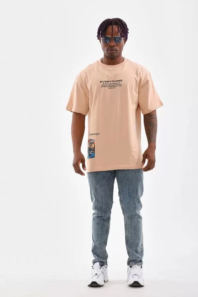 Unisex Bisiklet Yaka Baskılı Oversize T-Shirt - Bej - Resim 5