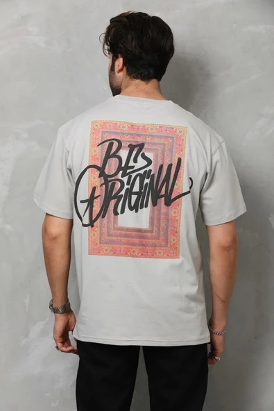 Unisex Bisiklet Yaka Baskılı Oversize T-Shirt - Gri - Resim 2