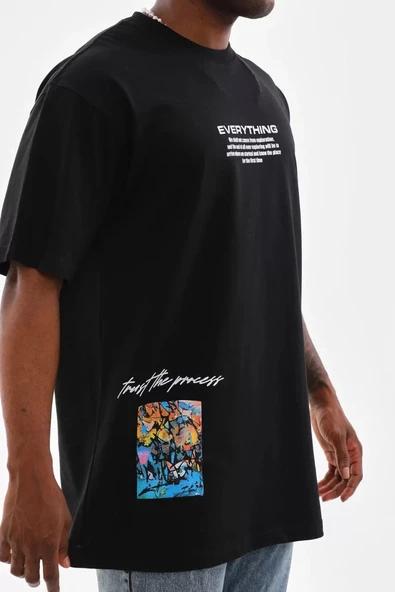 Unisex Bisiklet Yaka Baskılı Oversize T-Shirt - Siyah - Resim 3