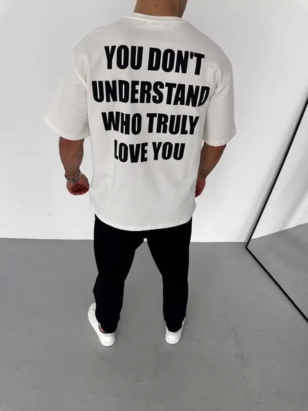 Unisex Bisiklet Yaka Baskılı Oversize T-Shirt - Beyaz - Resim 3