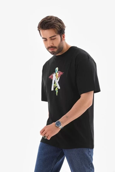 Unisex Bisiklet Yaka Baskılı Oversize T-Shirt - Siyah - Resim 5