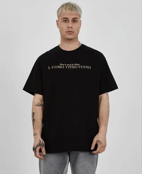 Unisex Bisiklet Yaka Baskılı Oversize T-Shirt - Siyah ürün görseli