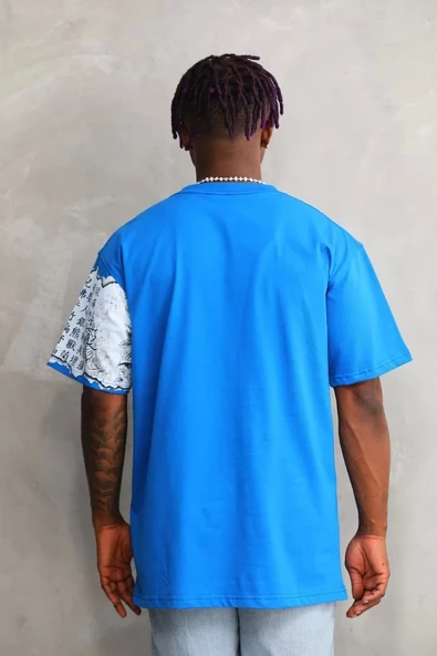 Unisex Bisiklet Yaka Baskılı Oversize T-Shirt - Mavi - Resim 7