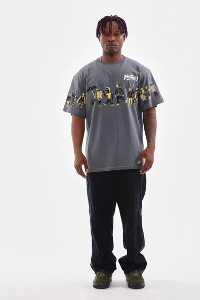 Unisex Bisiklet Yaka Baskılı Oversize T-Shirt - Gri - Resim 7