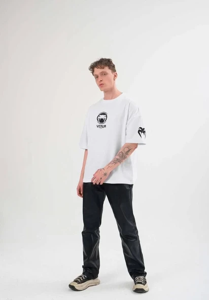 Unisex Bisiklet Yaka Baskılı Oversize T-Shirt - Beyaz ürün görseli