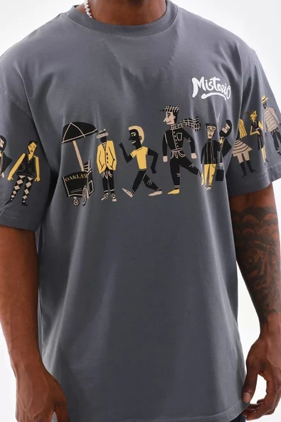 Unisex Bisiklet Yaka Baskılı Oversize T-Shirt - Gri - Resim 2