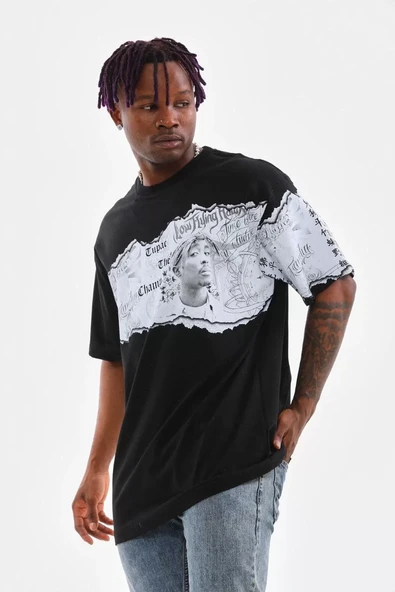 Unisex Bisiklet Yaka Baskılı Oversize T-Shirt - Siyah - Resim 2