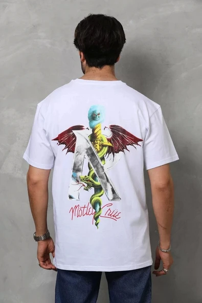 Unisex Bisiklet Yaka Baskılı Oversize T-Shirt - Beyaz - Resim 5