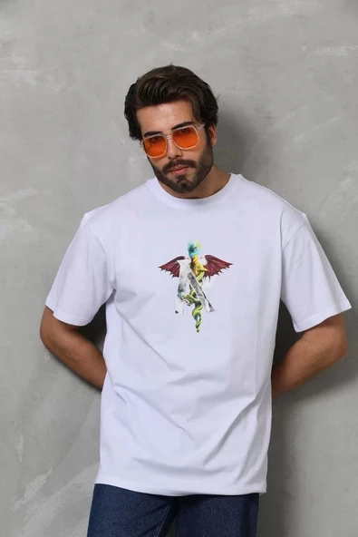 Unisex Bisiklet Yaka Baskılı Oversize T-Shirt - Beyaz ürün görseli