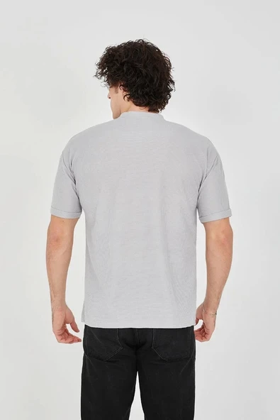 Unisex Waffle Kumaş Rahat Kol T-Shirt - Boyalı Gri - Resim 4