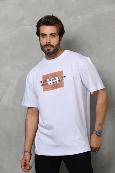 Unisex Bisiklet Yaka Baskılı Oversize T-Shirt - Beyaz - Resim 7