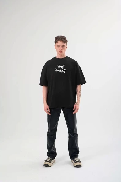 Unisex Bisiklet Yaka Baskılı Oversize T-Shirt - Siyah - 3