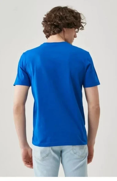 Unisex Düz Biskilet Yaka Oversize T-shirt - Mavi - Resim 3