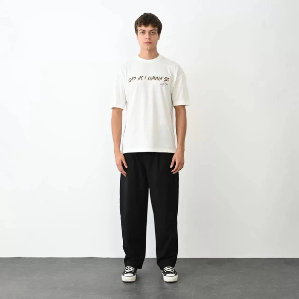 Unisex Bisiklet Yaka Baskılı Oversize T-Shirt - Beyaz ürün görseli