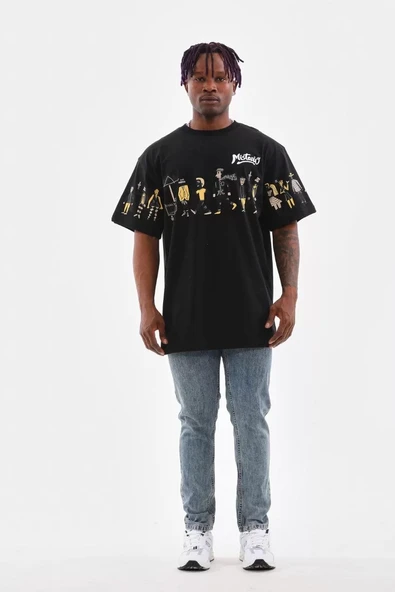 Unisex Bisiklet Yaka Baskılı Oversize T-Shirt - Siyah - Resim 5