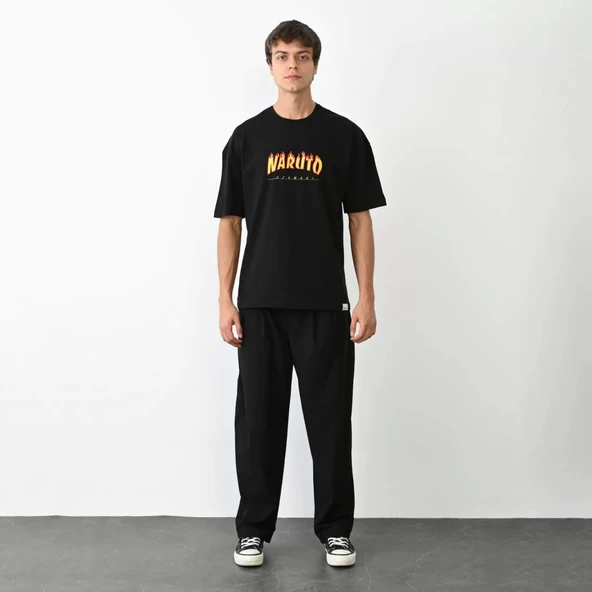 Unisex Bisiklet Yaka Baskılı Oversize T-Shirt - Siyah ürün görseli