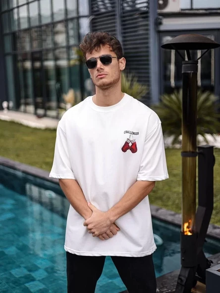 Unisex Bisiklet Yaka Baskılı Oversize T-Shirt - Beyaz ürün görseli