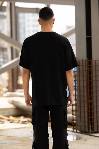 Unisex Bisiklet Yaka Baskılı Oversize T-Shirt - Siyah - Resim 2