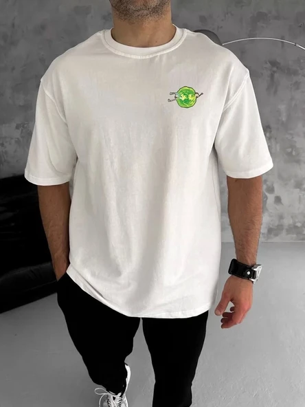Unisex Bisiklet Yaka Baskılı Oversize T-Shirt - Beyaz ürün görseli
