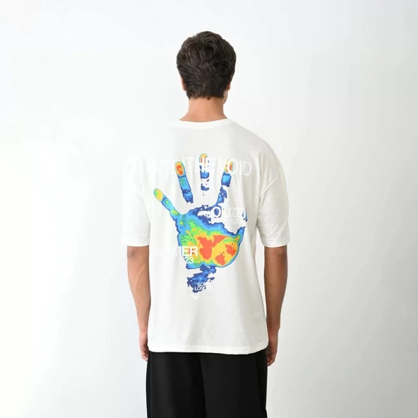 Unisex Bisiklet Yaka Baskılı Oversize T-Shirt - Beyaz - Resim 5