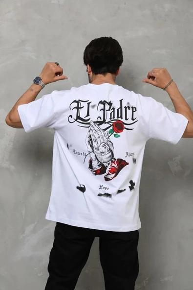 Unisex Bisiklet Yaka Baskılı Oversize T-Shirt - Beyaz - Resim 3