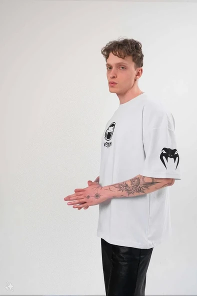 Unisex Bisiklet Yaka Baskılı Oversize T-Shirt - Beyaz - Resim 4