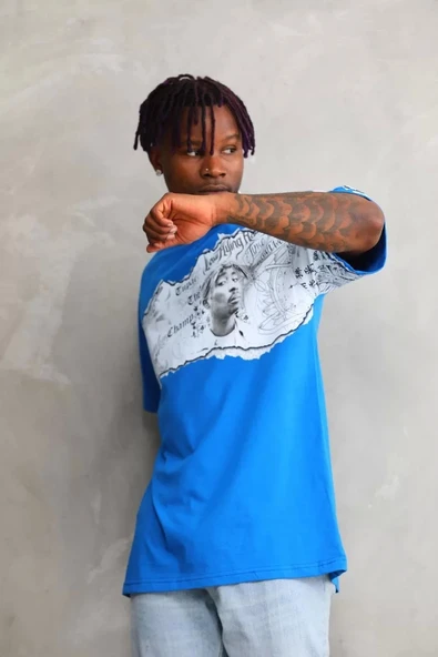 Unisex Bisiklet Yaka Baskılı Oversize T-Shirt - Mavi - Resim 4