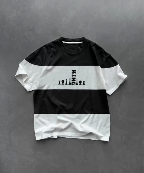 Unisex Bisiklet Yaka Baskılı Parçalı Oversize T-Shirt - Siyah ürün görseli