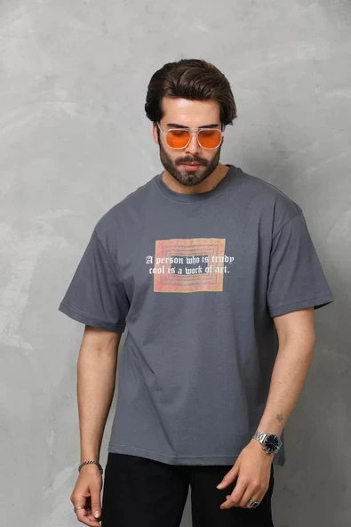 Unisex Bisiklet Yaka Baskılı Oversize T-Shirt - Füme - 1
