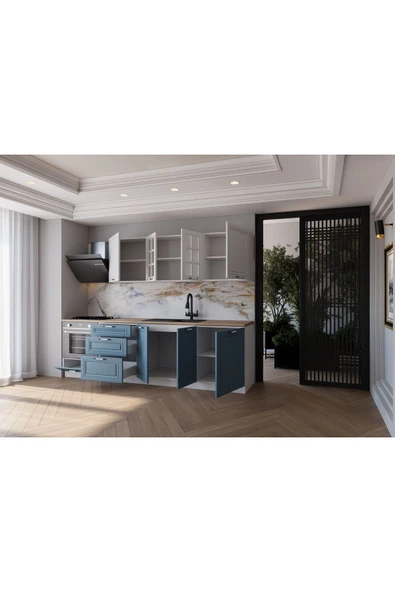 visasconcept 260 Cm Mdf Gövde Mebran Kapak Üç Çekmeceli Çınar Hazır Mutfak - Mavi - Beyaz(TEZGAH DAHİL) - 2