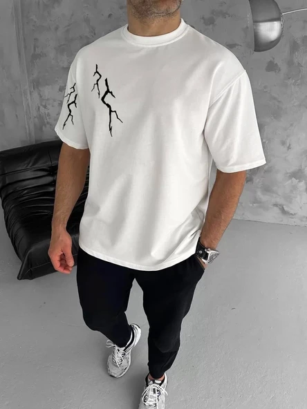 Unisex Bisiklet Yaka Baskılı Oversize T-Shirt - Beyaz - 1